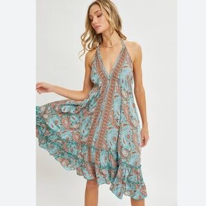 Boho Paisley Print Backless Maxi Blue Halter Neck Ruffle Dress S